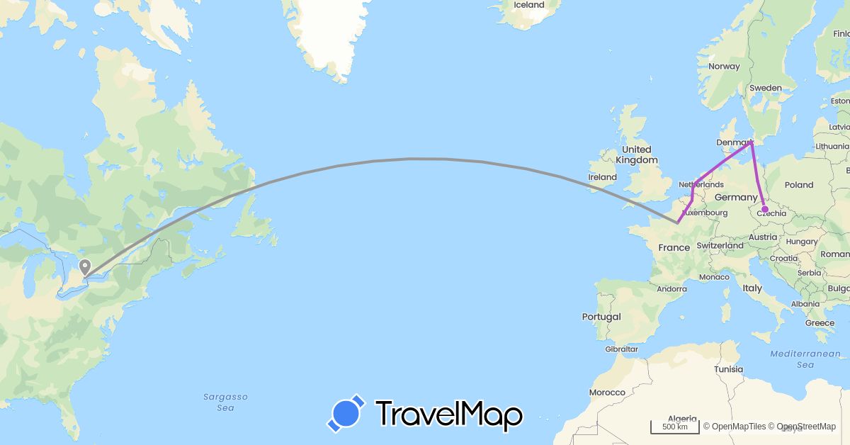 TravelMap itinerary: driving, plane, train in Belgium, Canada, Czech Republic, Germany, Denmark, France, Netherlands (Europe, North America)